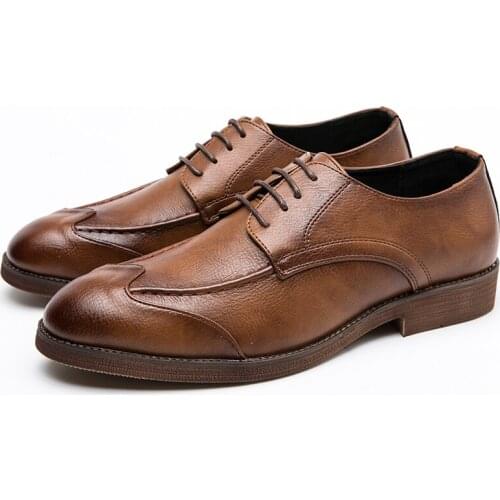 2021 New Formal Shoes Men Dress Leather Shoes Fashion Men Flats Shoes Genuine Retro Pointed Toe Oxford Male