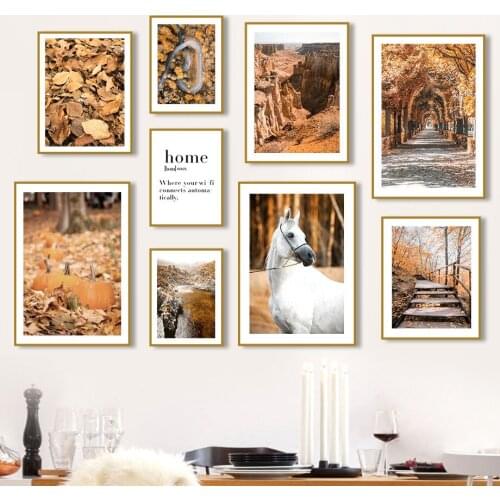 Autumn Forest Mountain Leaves Deer Horse Nordic Posters And Prints Wall Art Canvas Painting Wall Pictures For Living Room Decor