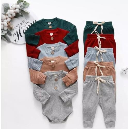 Infant Newborn Baby Girls Boys Spring Autumn Ribbed Solid Clothes Sets Long Sleeve Bodysuits + Elastic Pants 2PCs Solid Outfits
