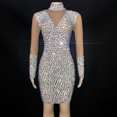 Bright Silver Stones Mesh Dress Female Singer Evening Transparent Sexy Costume Prom Birthday See Through mini Dress