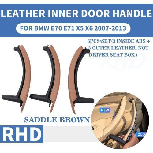 RHD Saddle Brown Genuine Leather Car Front Rear / Left Right Interior Door Handle Inner Panel Pull Trim For BMW E70 E71 X5 X6