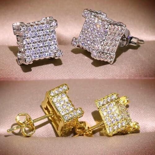 Luxury Crystal Princess Square Earrings White Gold Yellow Gold Color White Zircon Wedding Stud Earrings For Women Men Jewelry Cz