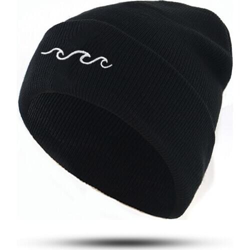 New ocean wave beanie cap for men women cotton flexible embroidery fashion knitted beanies for winter autumn hip hop hat