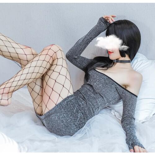 2020 Sexy Lingerie One-Shoulder Long-Sleeved Silver Silk Shiny Bag Hip Skirt Low-Cut Breasted Back Bare Uniform Temptation Suit