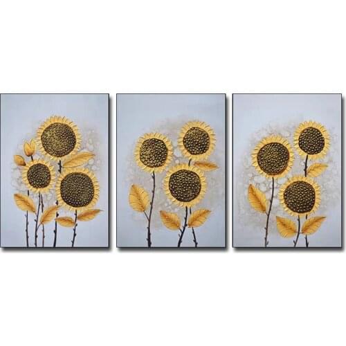 3 Panels Textured Sunflower Oil Painting Canvas Wall Art Pure Handmade Flower Artwork For Living Room Home Decoration Piece
