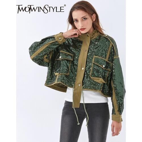 TWOTWINSTYLE Patchwork Sequined Jacket For Owmen Turtleneck Long Sleeve Casual Lace Up Jackets Female 2020 Fall Fashion New Tide
