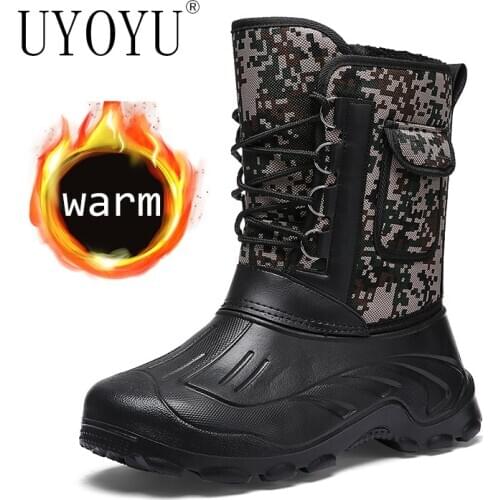 UYOYU 2020 Winter Camouflage Snow Men Boots Rain Shoes Waterproof With Fur Plush Warm Male Casual Mid-Calf Work Fishing Boot