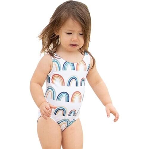 Xingqing Girls Rainbow Printed One-piece Swimsuit Round Neck Sleeveless Rainbow Pattern Bodysuit Swimwear Bathing Suits Biquini