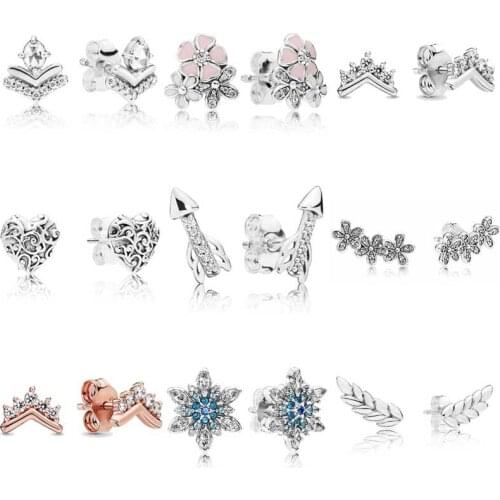 Original Tiara Wishbone Wish Stud Earring With Crystal 925 Sterling Silver Earrings For Women Wedding Pandora Gift Jewelry