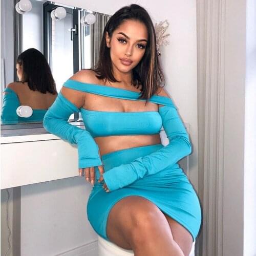 Long Sleeve Slash Neck Sexy Crop Top Skirt Two Pieces Set Summer Women Fashion Streetwear Short Skirt Club Outfits Tracksuit