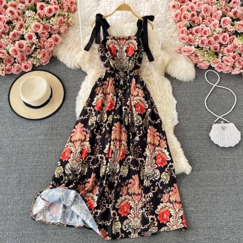 Fashion Elegant National Trench Gothic Printed Floral Sundress Women Spaghetti Straps Vintage Long Maxi Runway Summer Dress