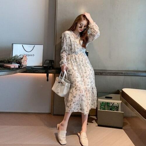 New Women Elegant Ruched Floral Print Dress Female Sexy V-neck Full Sleeve Chiffon Vestidos Long Dresses