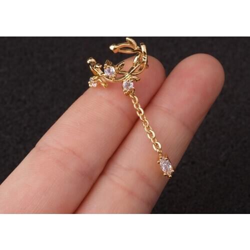 1 pcs Simple Copper Leaf CZ Drop No Piercing Ear Clip Cuff Earring for Women Trendy Cute Gold Color Long Chain Circle Earrings