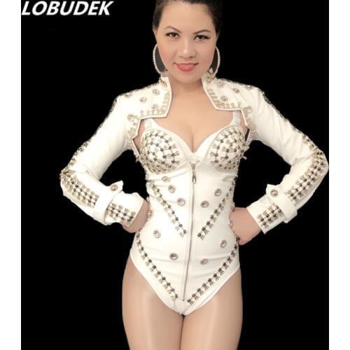 White Black PU Leather Bodysuit Sexy High stretch Leotard Catsuit Bar DJ singer Costume Leading dancer pole dance stage Outfit