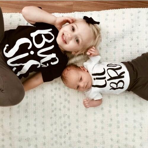 Big Sis and Lil Bro Brother and Sister Family Look Tshirt and Rompers Kids Baby Matching Tshirt White Black Casual Matching Tops