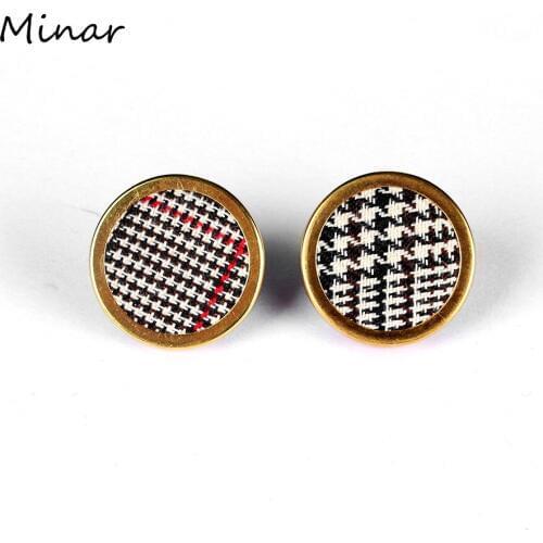 Fashion Houndstooth Plaid Fabric Round Stud Earrings For Women Elegant Black White Circle Button Earrings Vintage Jewelry Woman