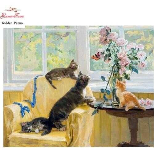 Golden Panno,DIY Needlework Counted Cross Stitch Set Embroidery Kit 14CT 11CT animal A play cat Pattern CrossStitching 07