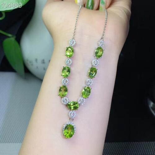 Natural green peridot Necklace Natural olivine Pendant Necklace 925 sliver trendy Luxurious round geometry women party Jewelry