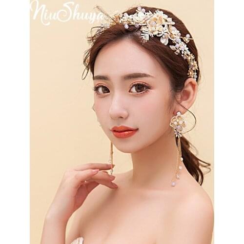 NiuShuya Gold Flower Headband Wedding Hair Accessories Bridal Tiara Hairband For Bride Handmade Floral Hair Jewerlies