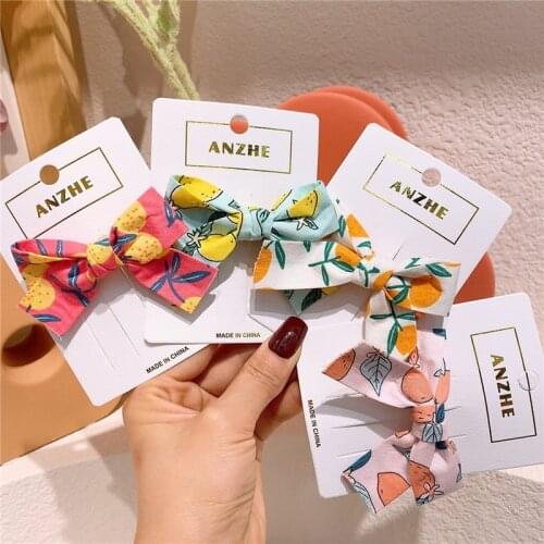2021 New Sweet Girl Fresh Simple Fruit Print Fabric Bow Duckbill Clip Kids Hair Accessories Fashion Childrens Hairpins Headwear