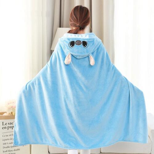 Lilo and Stitch Coral Fleece Fabric Blanket with Hooded Cute Cartoon Cosplay Cloak Cape Warm Wearable Fur Throw Blanket for Sofa
