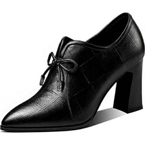 Pointed shoes womens spring and autumn 2021 new leather high heels deep mouth British style thick heel leather shoes