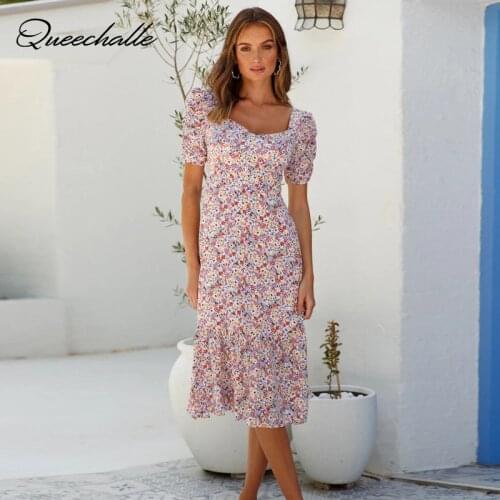 Boho Vintage Floral Print Dress Summer Back Bow Ties Party Midi Dresses Short Sleeve Elegant Dress A Line Sundress Vestidos