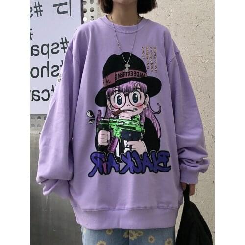 Harajuku Cartoon Print Long-sleeved Sweatshirt Autumn Female Student Korean Loose Sweatshirt Purple O-Neck Bottoming Shirt Top