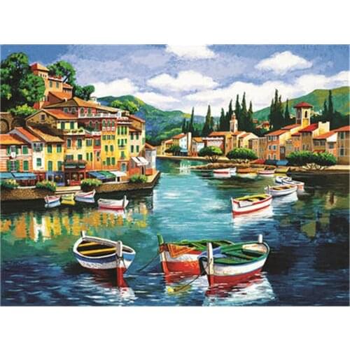 Landscape Town Seaside Printed Fabric 11CT Cross-Stitch Set Embroidery DMC Threads Sewing Needlework Hobby Craft Design Magic