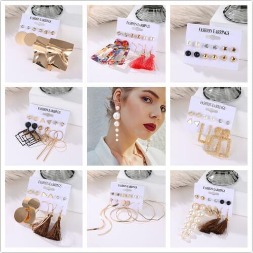 Vintage Leopard Acrylic Pearl Stud Earrings For Women Bohemian Tassel Geometric Metal Handmade Earring Set Jewelry Girl Gift