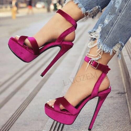 SEIIHEM Velvet Women Platform Sandals Fuchsia Handmade Thin High Heels Pumps Prom Party Ladies Shoes Women Plus Size 42 44 47 52