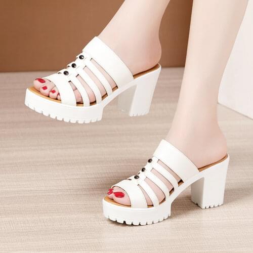 Big Size 32-43 Block Heel Platform Slippers Women Wedding Shoes Summer 2021 Cutout High Heels Slippers Ladies Slippers Office