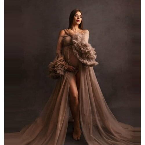 New Arrival Champagne Maternity Robes V Neck Long Sleeves Extra Puffy Ruffles See Thru Women Pregnancy Dresses Gowns