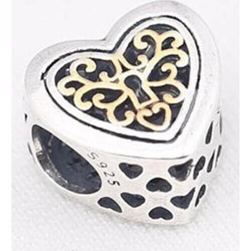 Authentic S925 Charm Openwork Gold Locked Hearts Charm fit Lady Bracelet Bangle Diy Jewelry