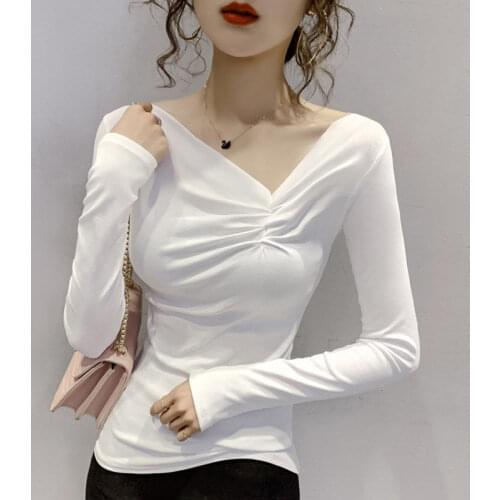 Blouse Women Womens Cotton Sexy Pleated V-neck Long-Sleeved Shirts Top Blusas Ropa De Mujer