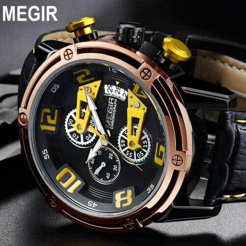 MEGIR Top Brand Mens Genuine Leather Quartz Sports Watches Luxury Military Stop Watch Waterproof Wrist Watch Relogio Masculino