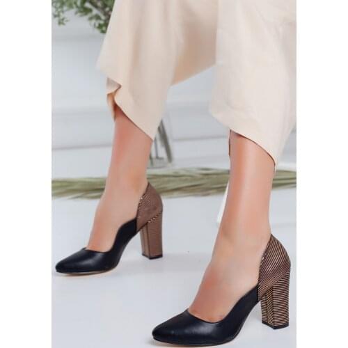 Arcelia Black Skin Gold Detailed Heels Shoes