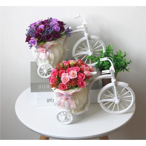 Elegant Idyllic home furnishings simulation flower car suit bicycle knitted Room decoration basket, fake flower Diamond Rose