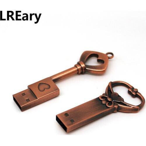 Hot Metal Key Memory Stick Bronze Heart Flash Disk Pendrive Drives 32GB 16GB Pen Drive 8GB USB 2.0 Flash Drive 4GB key Chain