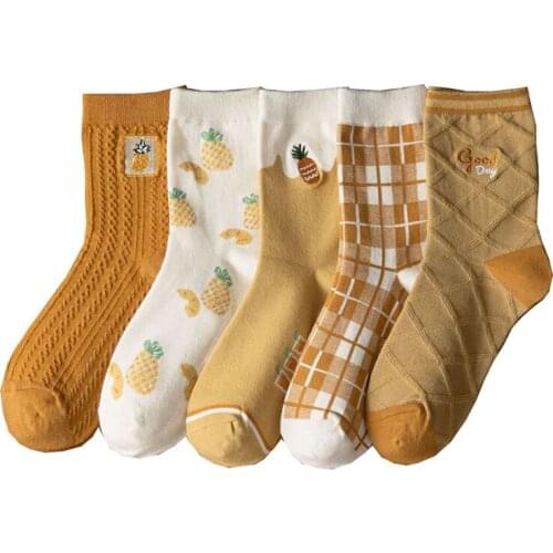 5 Pairs Socks Women Pack Japanese Harajuku Autumn Winter Plaid Pineapple Yellow Middle Tube Pure Cotton Breathable Wearable
