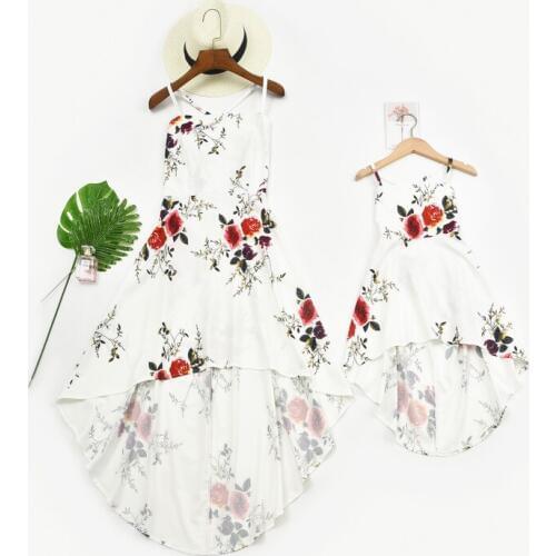 New Family Matching Dress Long Backless White Printing Floral Full Dress Conjuntos Mama Hija Mother Daughter Dresses Family Look