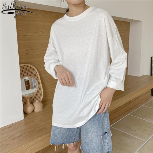 Solid Bottoming Long Sleeve Casual Tops Tees Korean Style Plus Size White Black T Shirt 2021 Women Autumn Loose T-Shirts 10088