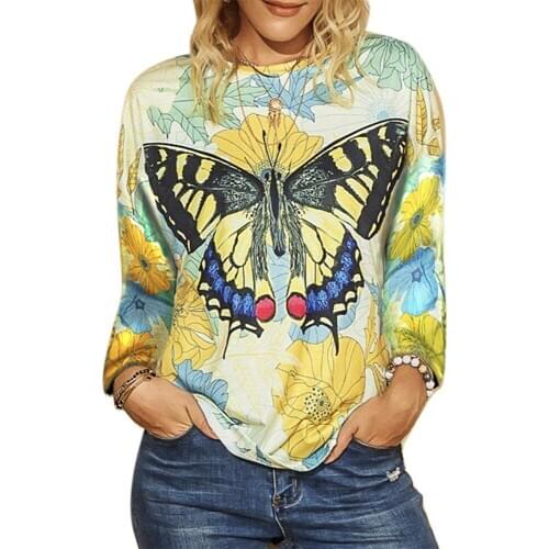 Butterfly Print Women T Shirt Plus Size Long Sleeve Shirt Fashion Top Vintage Streetwear Women Clothing Autumn t Shirt Female