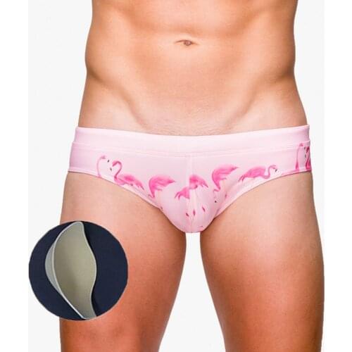 Pink Flamingo Printed Men Swimming Briefs Sexy Pouch Bulge Enhancing Push Up Padded Swimming Trunks Surfing Swimwear Men Shorts