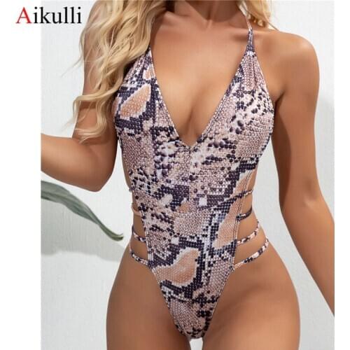 Sexy V Neck Backless One-piece Swimsuits For Women Snake Print Swimwear 2020 New Summer Female Monokini Beachwear Bathing suits
