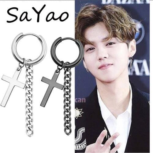 SaYao 2 Piece Stainless Steel Hoop Earring With Cross Tassels Ear Earrings Huggie Earring Jewelry Helix Tragus Boy Men Gift