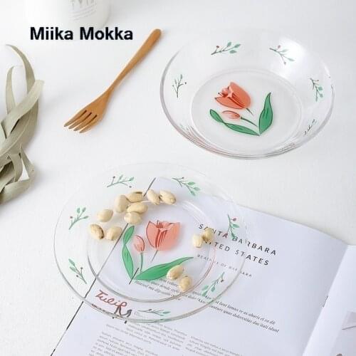 Japanese Styel Rose Tulip Flower Pirnt Glass Plate Simple Salad Dishes Dessert Plate Stand for Cake Snack Tray Fruit Plate