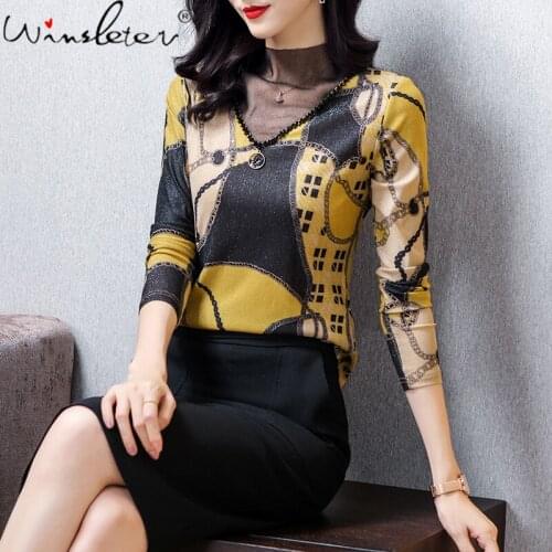 Spring Fall European Clothes T-Shirt Girl Fashion Mock Neck Print Sexy Women Tops Spliced Mesh Beading Tees 2021 New T11417A