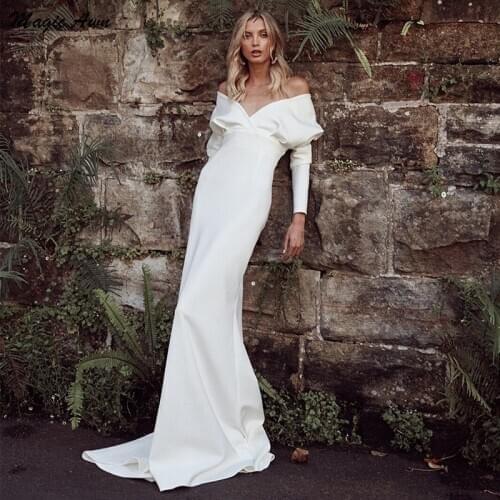 Magic Awn Long Sleeves Mermaid Wedding Dresses Off The Shoulder Satin Boho Bridal Gowns Simple Cheap Vestidos De Fiesta