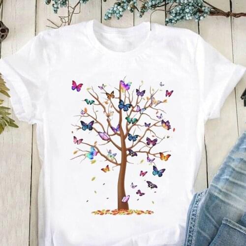 Woman Butterfly Tree Fashion Print Harajuku Summer Casual Elegant Shirt Basic Round Neck Vintage Korean Style Blouses Streetwear